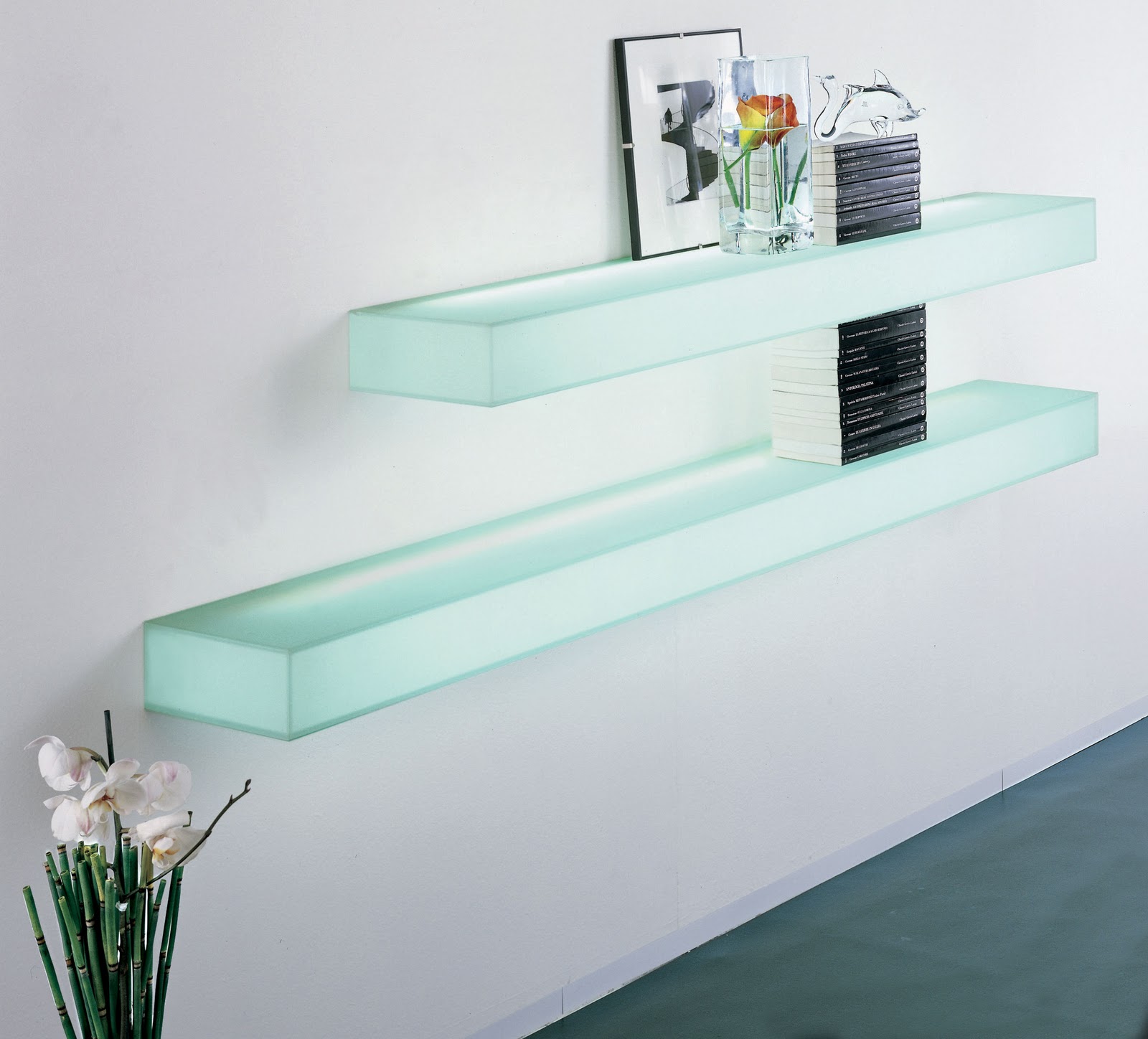 Convenient Interior With Glass Shelves, Glass Wall Shelving Ideas
