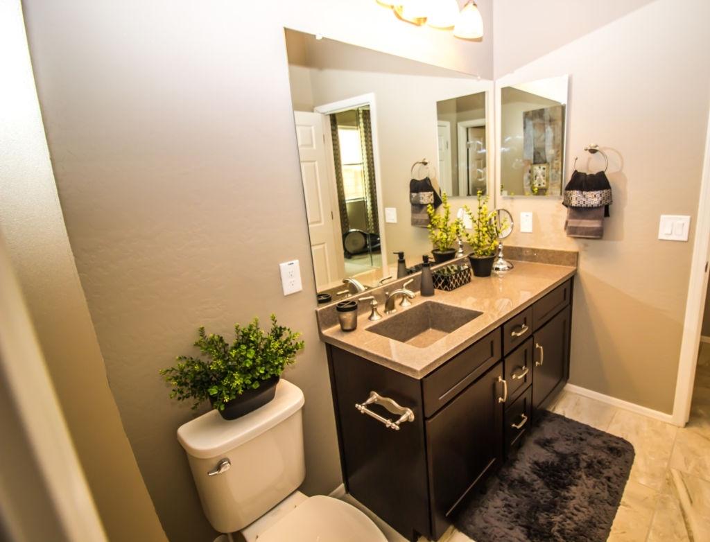 Corner vanity area in a bathroom
