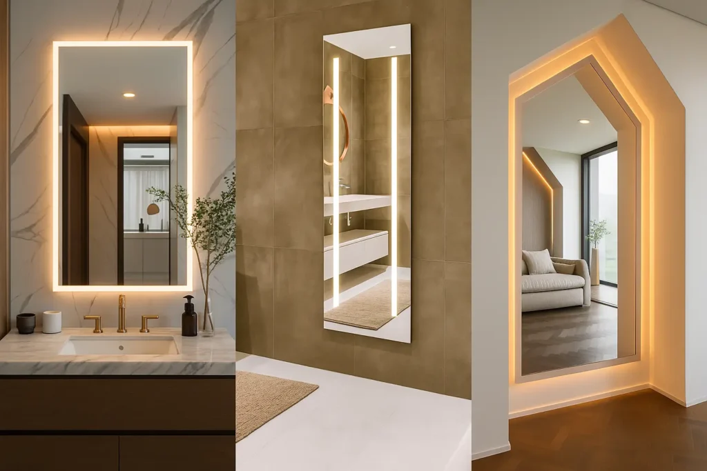 Modern home interior with LED, smart, and custom mirrors showcasing innovation, precision, and elegant contemporary design.