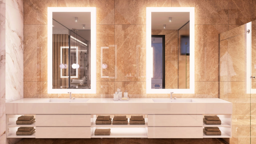 A bathroom with ceramic tiles as  backsplash