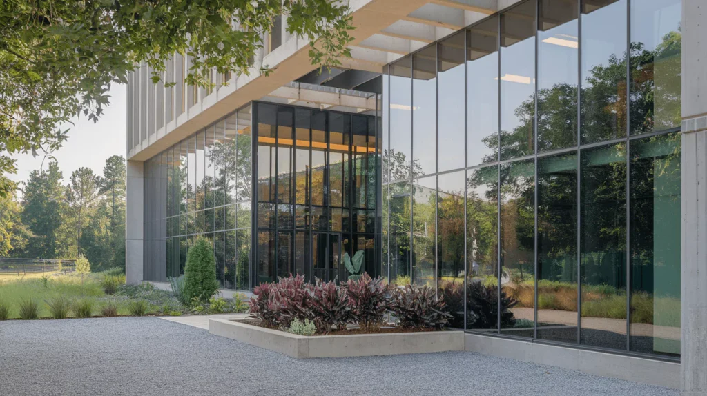a photo of a government building with blast-resistant laminated glass windows