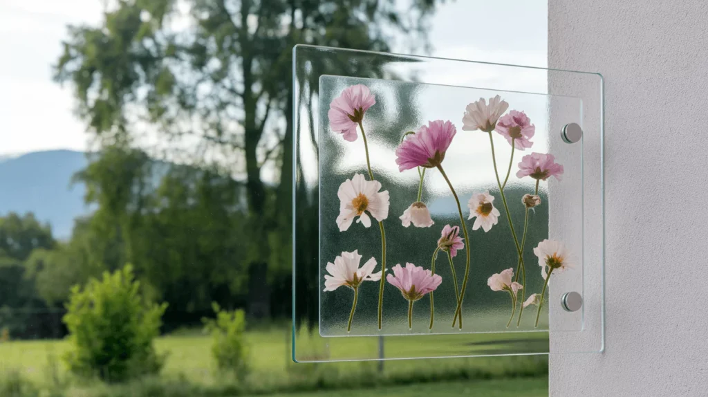 a photo of a laminated glass panel with embedded flowers