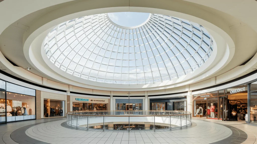 a photo of a shopping mall with a laminated glass skylight