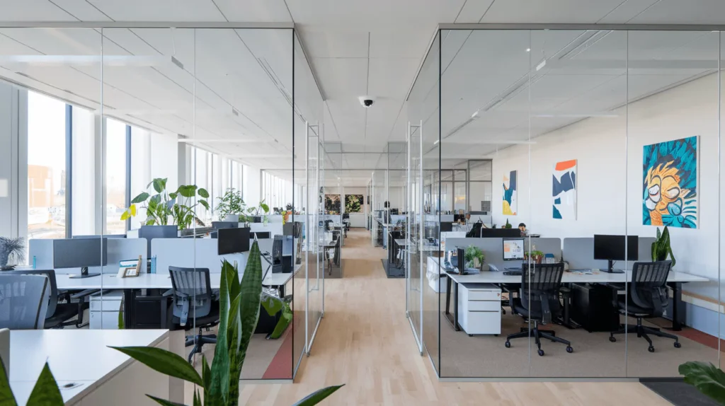 a photo of an open-plan office with laminated glass partitions