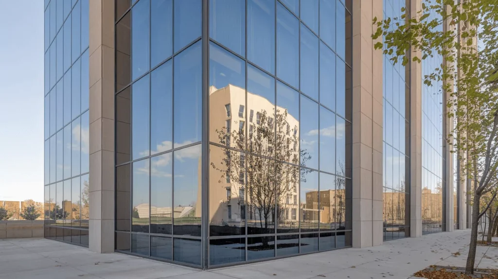a photo of the exterior of a modern high-rise building with laminated glass windows