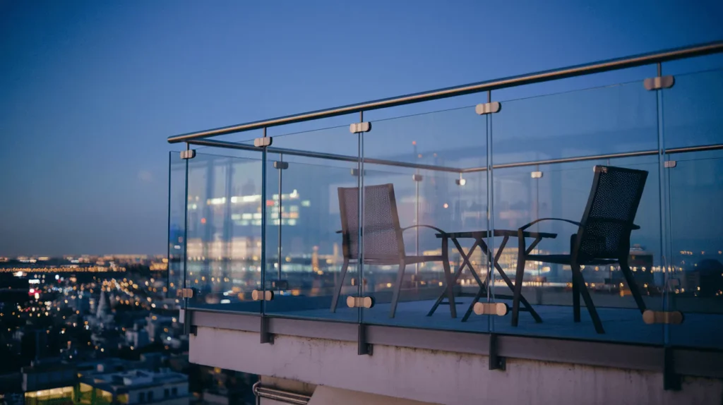 photo of a glass balustrade on a balcony overlooking a cityscape at night