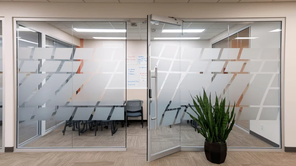 photo of a laminated glass door with a frosted glass design in a modern office building