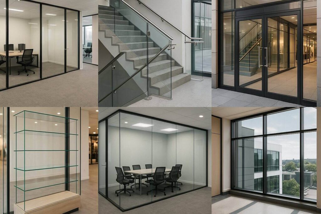 Collage of modern office and commercial spaces featuring tempered glass applications, including glass conference rooms, stair railings, display shelves, glass doors, and large office windows.