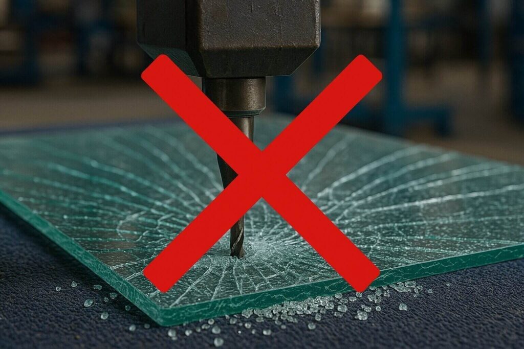 A drill bit shattering a tempered glass sheet with a large red “X” overlay, illustrating that drilling tempered glass is not safe or advisable.