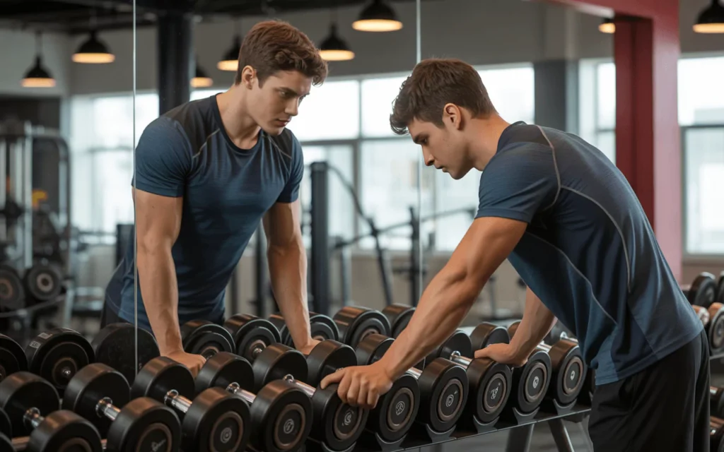 Young man wearing a navy workout shirt focused on dumbbell rows, using full-length mirror tiles to monitor posture and alignment.
