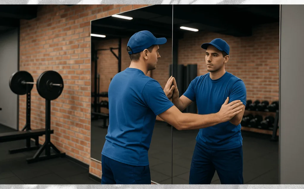 Man in blue uniform adjusting a wall-mounted mirror in a gym with brick walls and weightlifting gear.