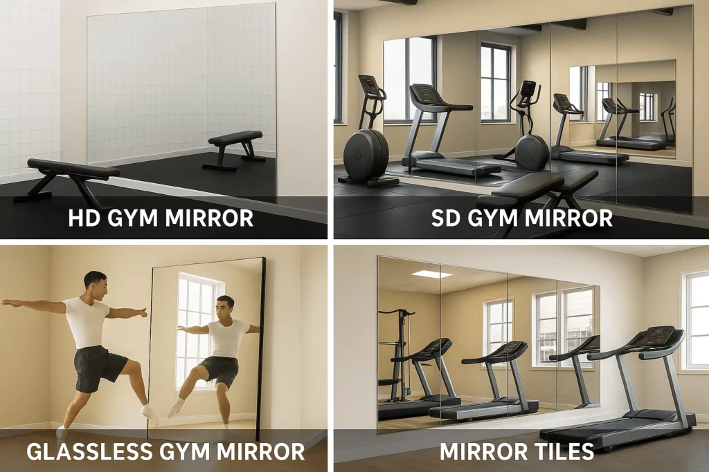 Side-by-side visual comparison of HD gym mirror, SD mirror, Glassless Gym Mirror, and Mirror Tiles in fitness spaces.