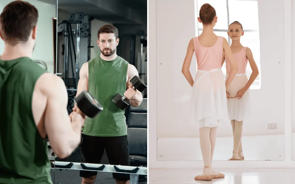 Gym mirror reflections showing a man lifting dumbbells and a ballerina practicing ballet posture.