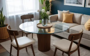 Round glass table with wooden base and chairs in a cozy living room, with flowers and sofa in the background.