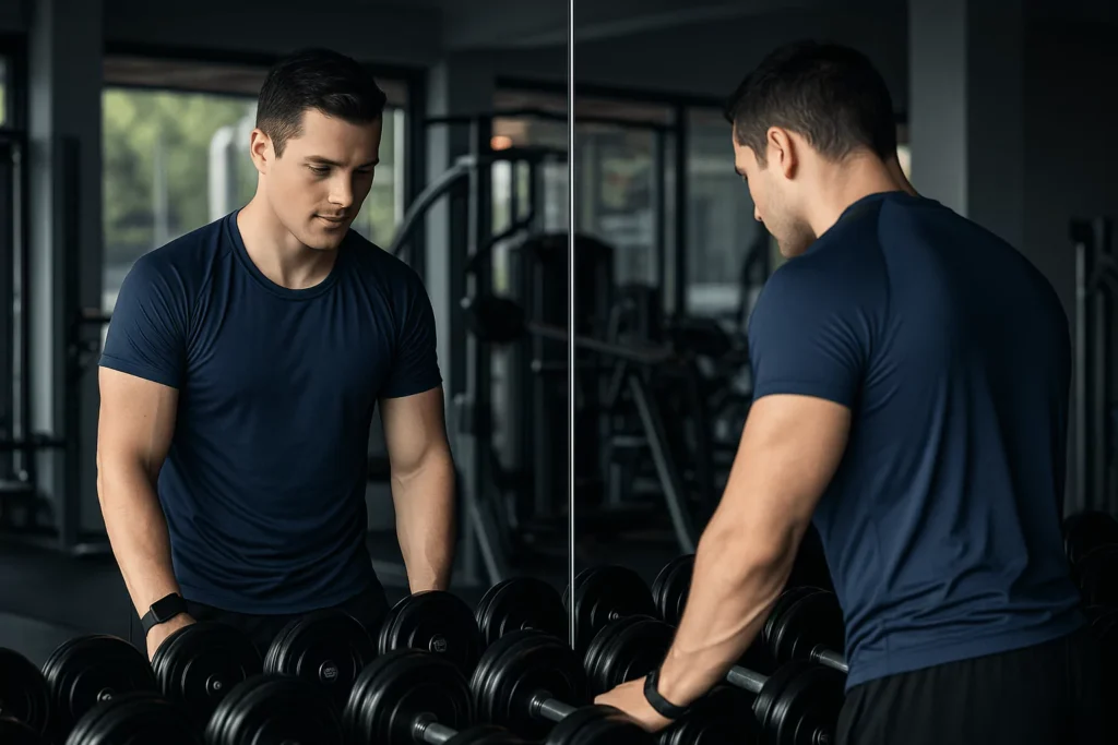 Man standing at dumbbell rack, reflected in a large gym mirror during a strength training session.