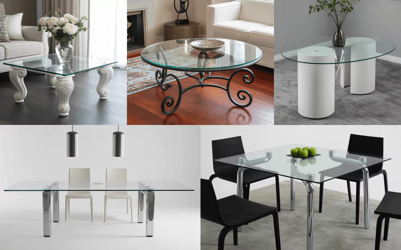 Collage of glass tables with ornate, metal, and modern bases, styled in various elegant and contemporary interiors.