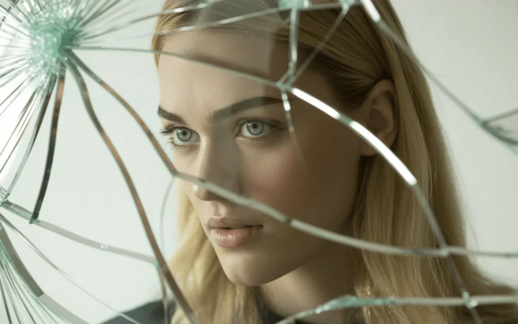 Woman looking through cracked broken mirror with shards surrounding her face.
