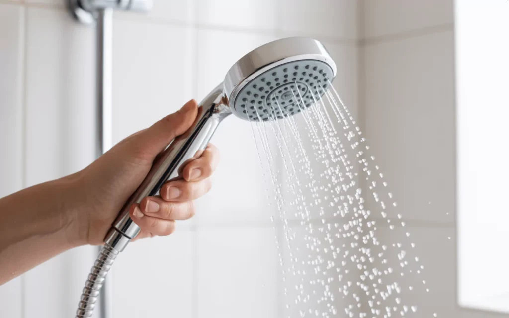Close-up of handheld showerhead spraying water in a tiled shower