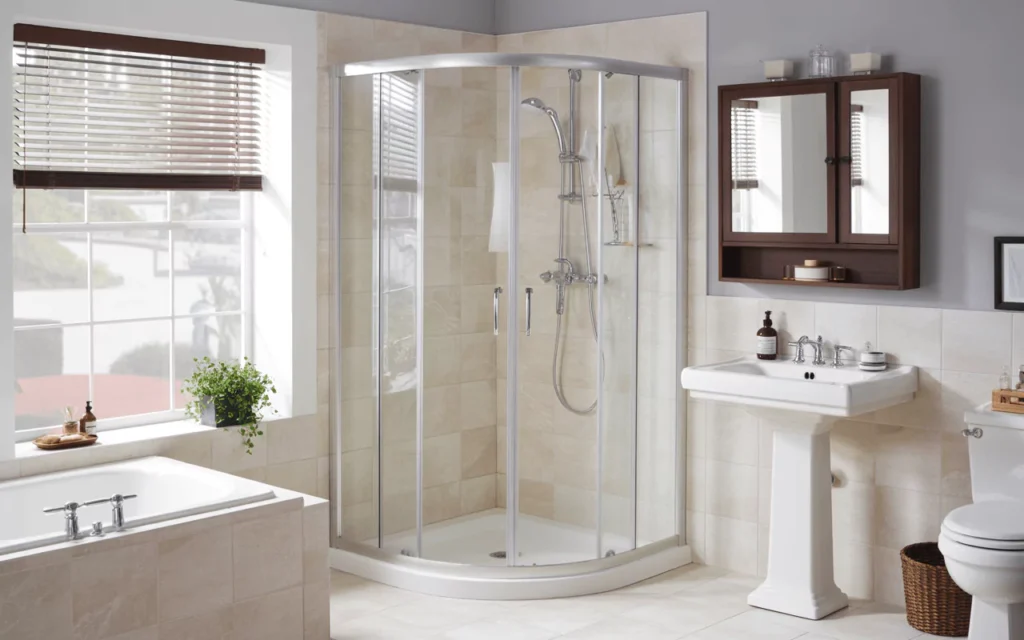 Modern bathroom with corner glass shower enclosure, bathtub, sink, and mirror cabinet