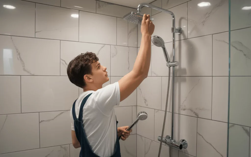 Man adjusting adjustable showerhead height in a tiled shower