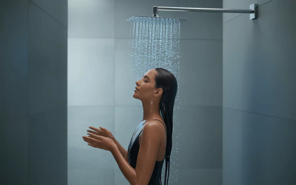 Woman enjoying water flow from ceiling-mounted rain showerhead in modern bathroom