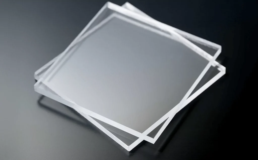 Stack of frosted plexiglass sheets layered diagonally on a dark background.