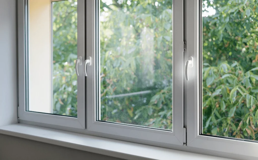 Close-up of modern double-pane residential windows showing a green outdoor garden view.