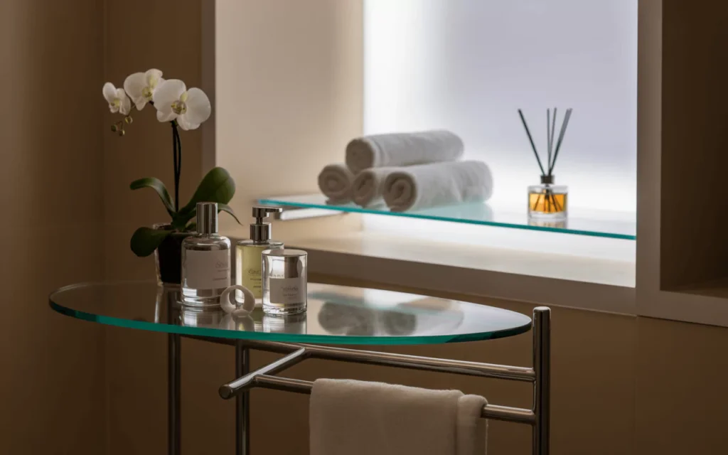 Modern bathroom with glass vanity shelf, floating corner glass storage, and a pedestal glass top with spa décor.