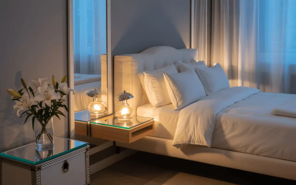 Serene bedroom with glass-topped nightstand, vanity, and storage chest, glowing softly under warm ambient lighting. 