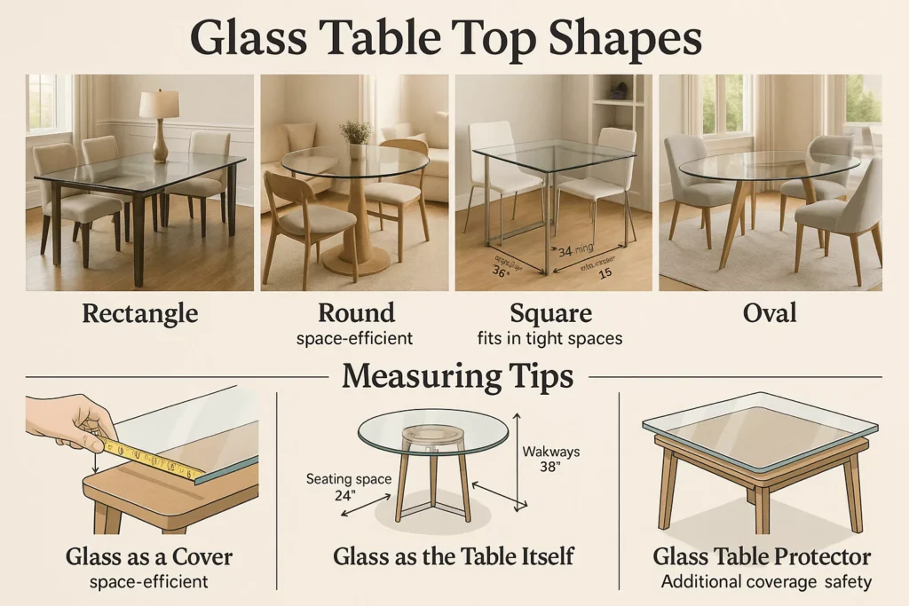 Illustration displaying four glass table top shapes (Rectangle, Round, Square, Oval) with measuring tips for proper fit.