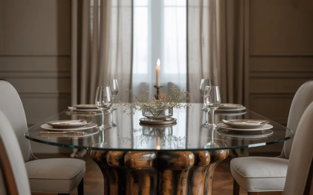 Elegant dining room with a round glass table, mixed material bases, beige chairs, floral centerpiece, and soft lighting.
