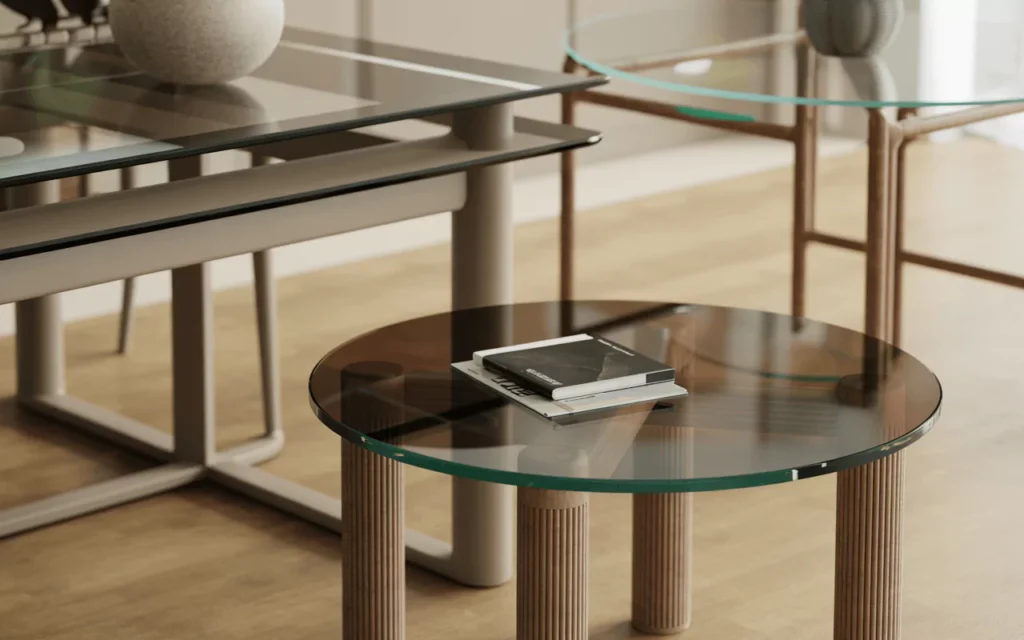 Glass tables with beveled, flat, pencil, and seamed edges, featuring sharp and rounded corners in a modern home setting.