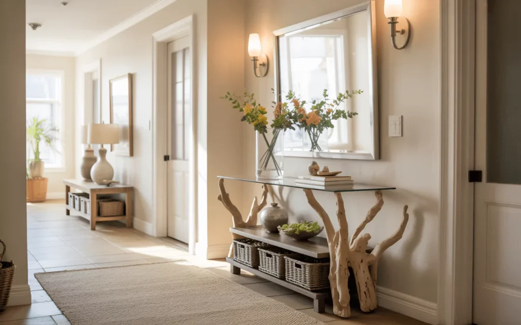 Bright entryway with a glass console, wall mirror, natural accents, and storage shelves creating an open, inviting look.