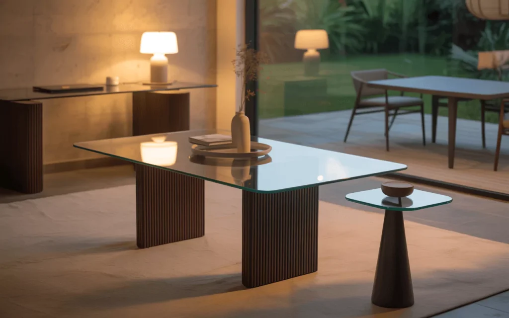Different glass tables showing varying thicknesses for dining, side, office, and patio use, highlighting durability