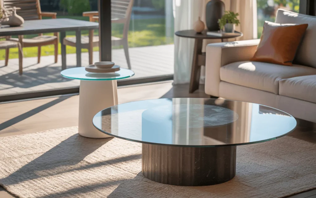 Different glass table top replacements shown: tempered dining table, laminated coffee table, and acrylic side table setup.