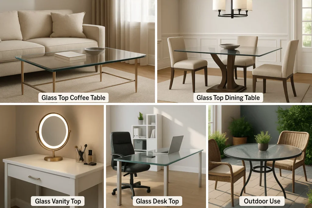 Four images showing glass tabletops: Coffee table in living room, dining table, vanity top, and office desk with clear labels.