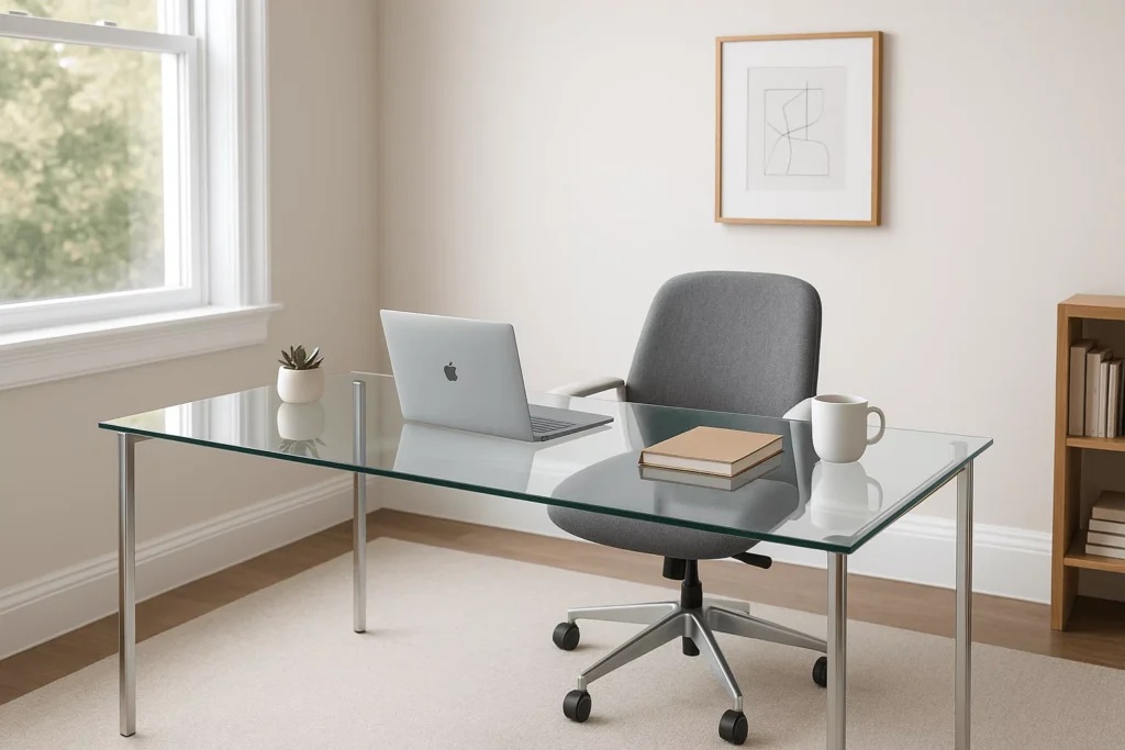 Modern home office with sleek glass desks, including L-shaped and personalized designs, bright and inspiring workspace.