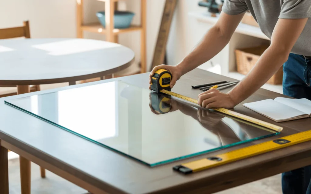 Person measuring a dining table with tape measure and notepad, preparing for accurate glass table top replacement.