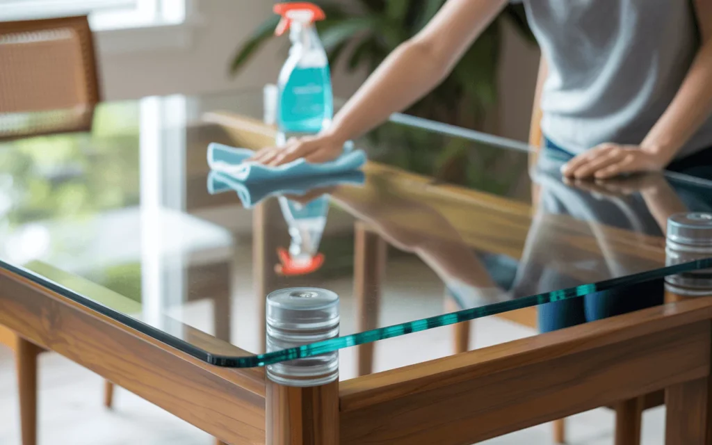 Glass dining table with spacers for safety, sturdy base, even support, and a person cleaning with a microfiber cloth.