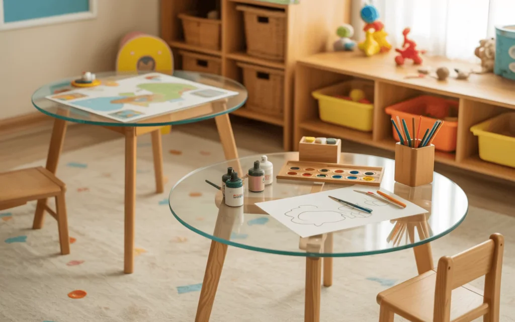 Cheerful kids’ room with glass craft desk, round safe glass table, and interactive study desk with maps and artwork.