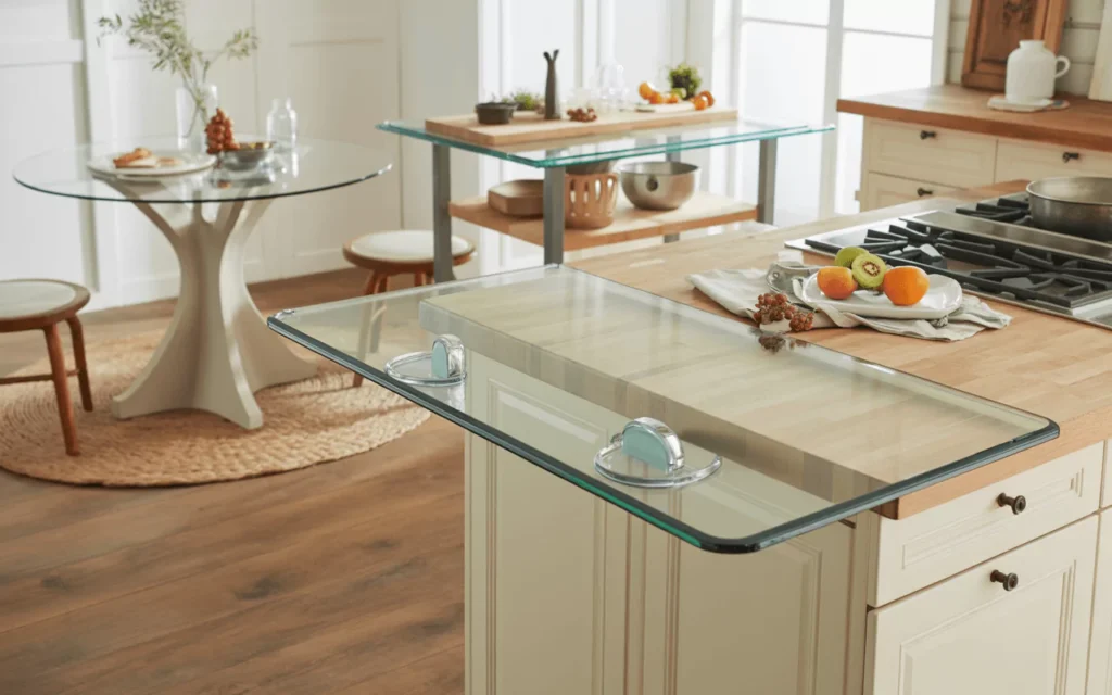 Bright modern kitchen with a glass breakfast nook, island overlay, and glass-topped prep cart, stylish yet functional.