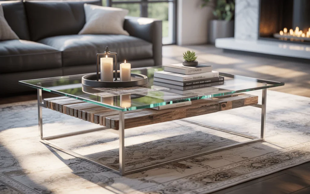 Elegant living room with a glass coffee table, books, candle, and plant on display over a patterned rug and cozy sofa.