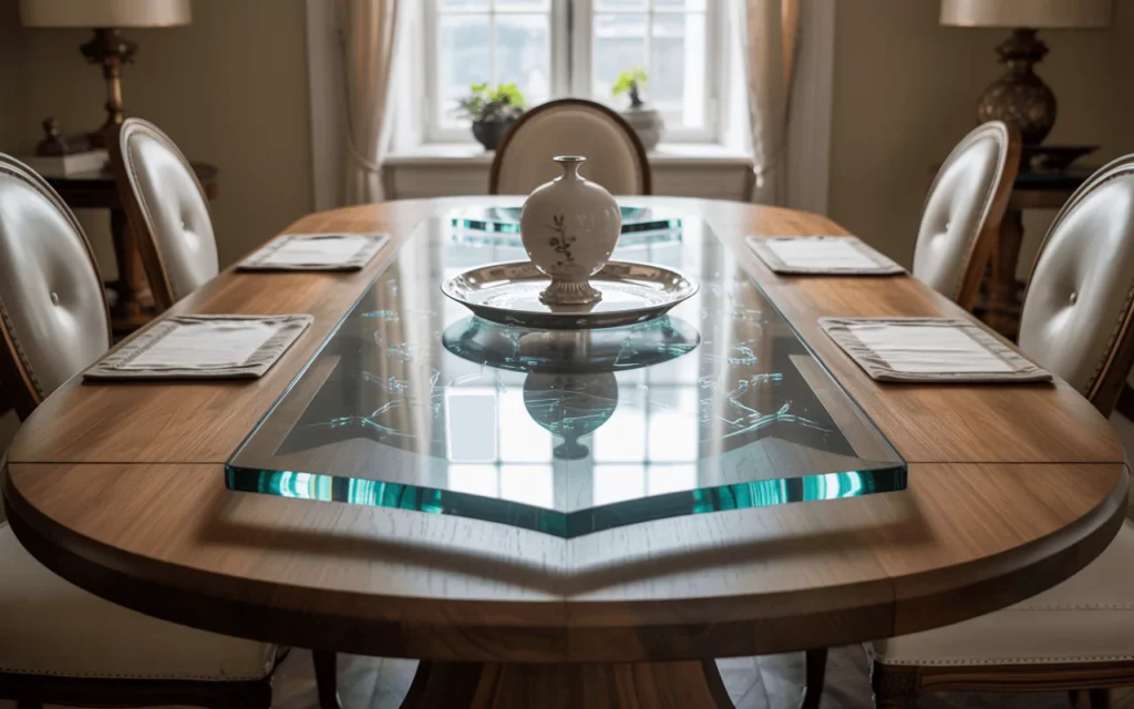 Dining room with custom beveled glass table top, protectors, and coasters, showcasing durability and long-lasting care.