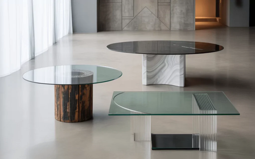 Showroom with glass tables on wood, marble, and acrylic bases, showcasing rustic warmth, luxury, and modern minimalism.