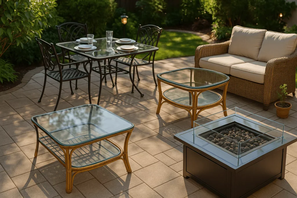 Outdoor patio with glass dining, rattan coffee table, and firepit glass top, blending durability with elegant style.