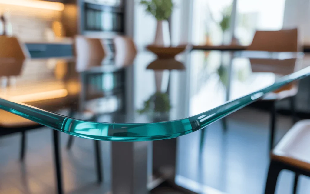 Close-up of a modern glass tabletop with a rounded pencil polished edge, smooth, glossy, and child-safe finish.