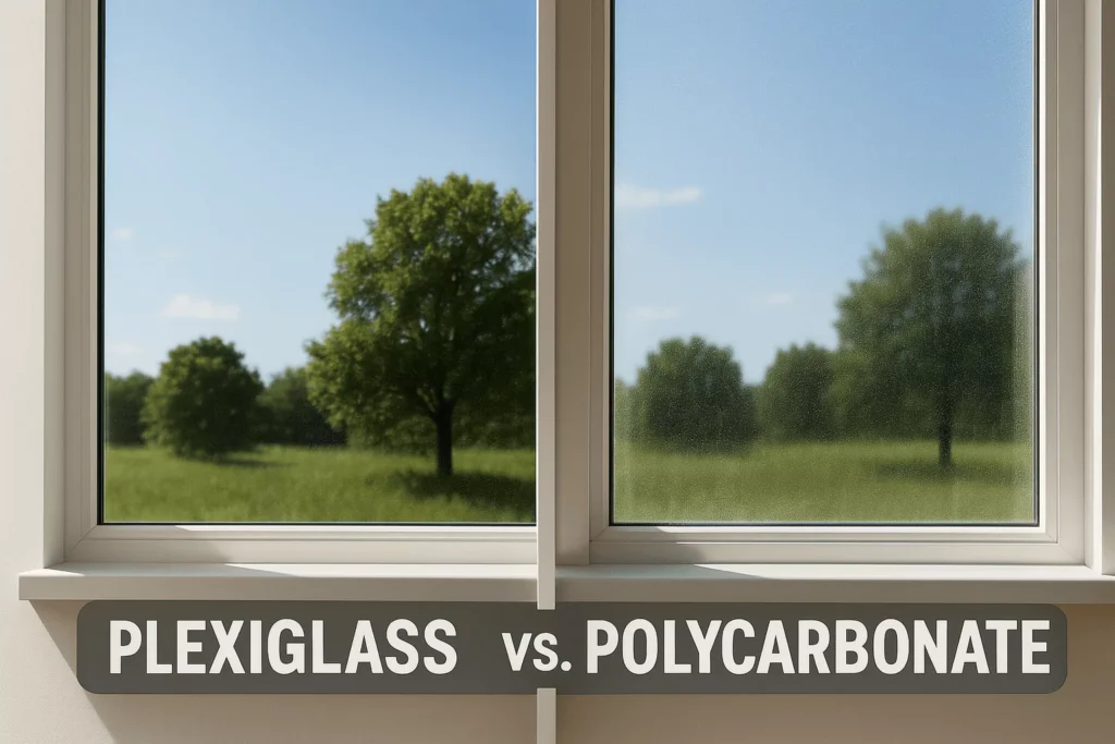 Side-by-side view comparing plexiglass and polycarbonate window clarity