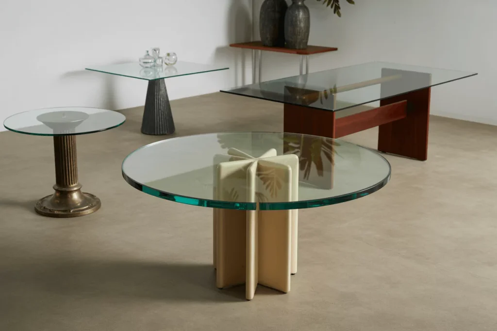 Side-by-side comparison of custom and standard glass table tops with pros, cons, and real-world images.