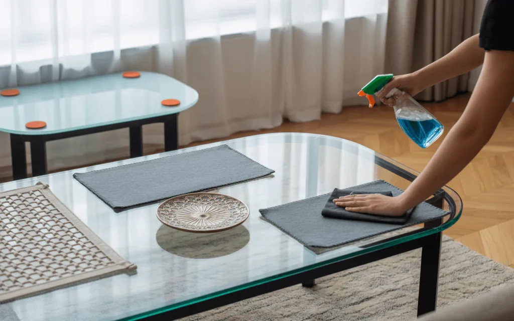 Home with glass dining, coffee, and vanity tables using protectors, bumpers, and microfiber cleaning for safe maintenance.
