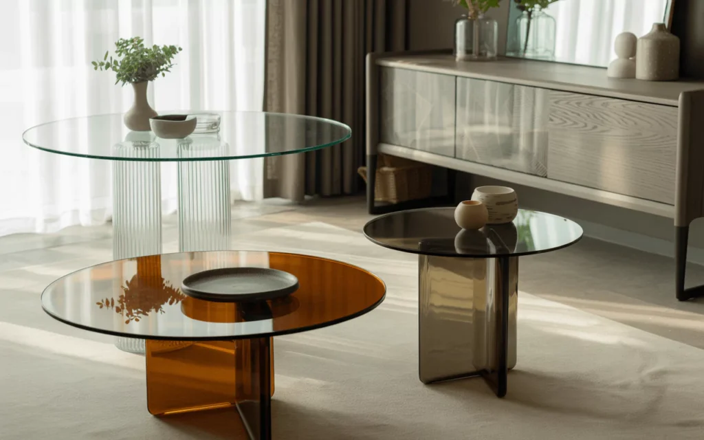 Room with clear, low-iron, bronze, grey, and frosted glass table tops showing style, tint, and light effects.